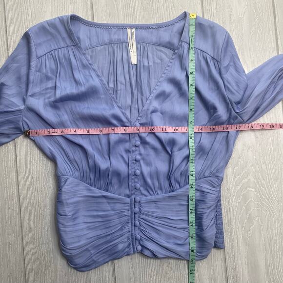 Anthropologie Women's Blue Silky Smocked Poet Sleeve Blouse Top Size Small - Picture 6 of 12